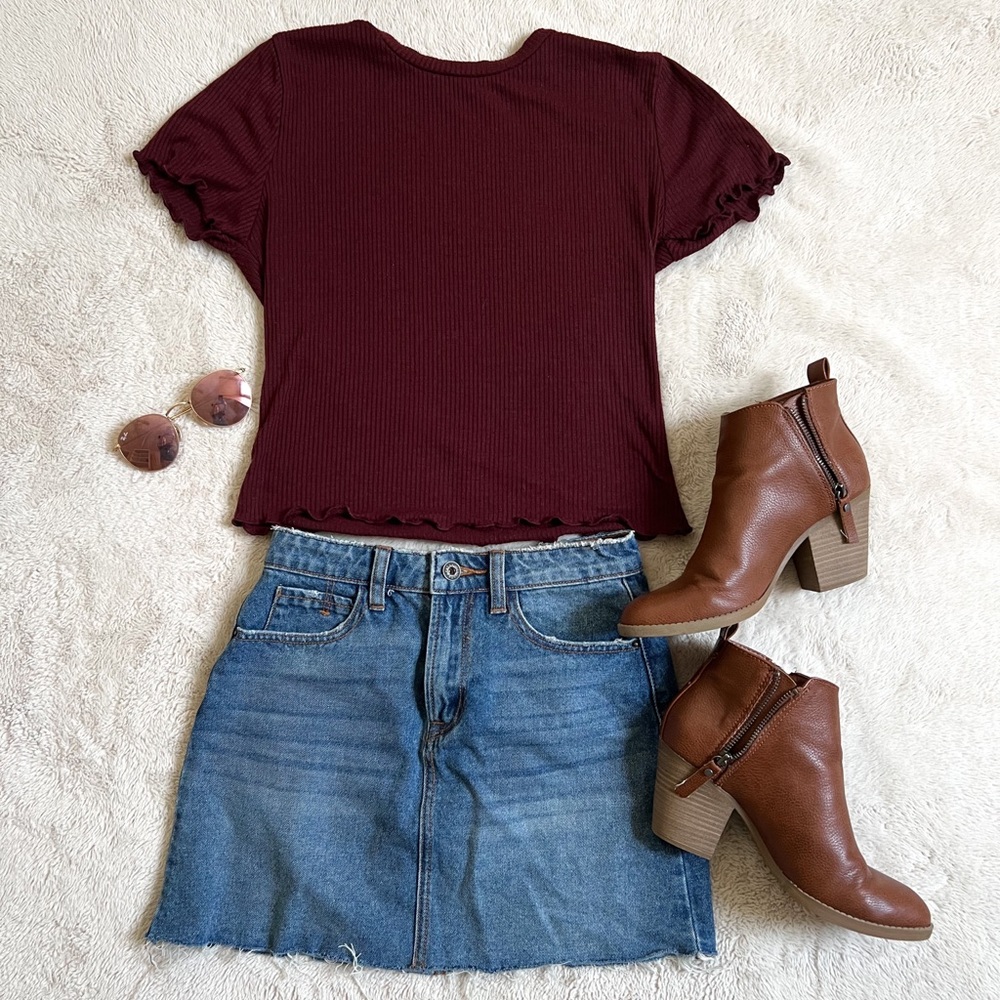 Burgundy Ruffle Trim Top